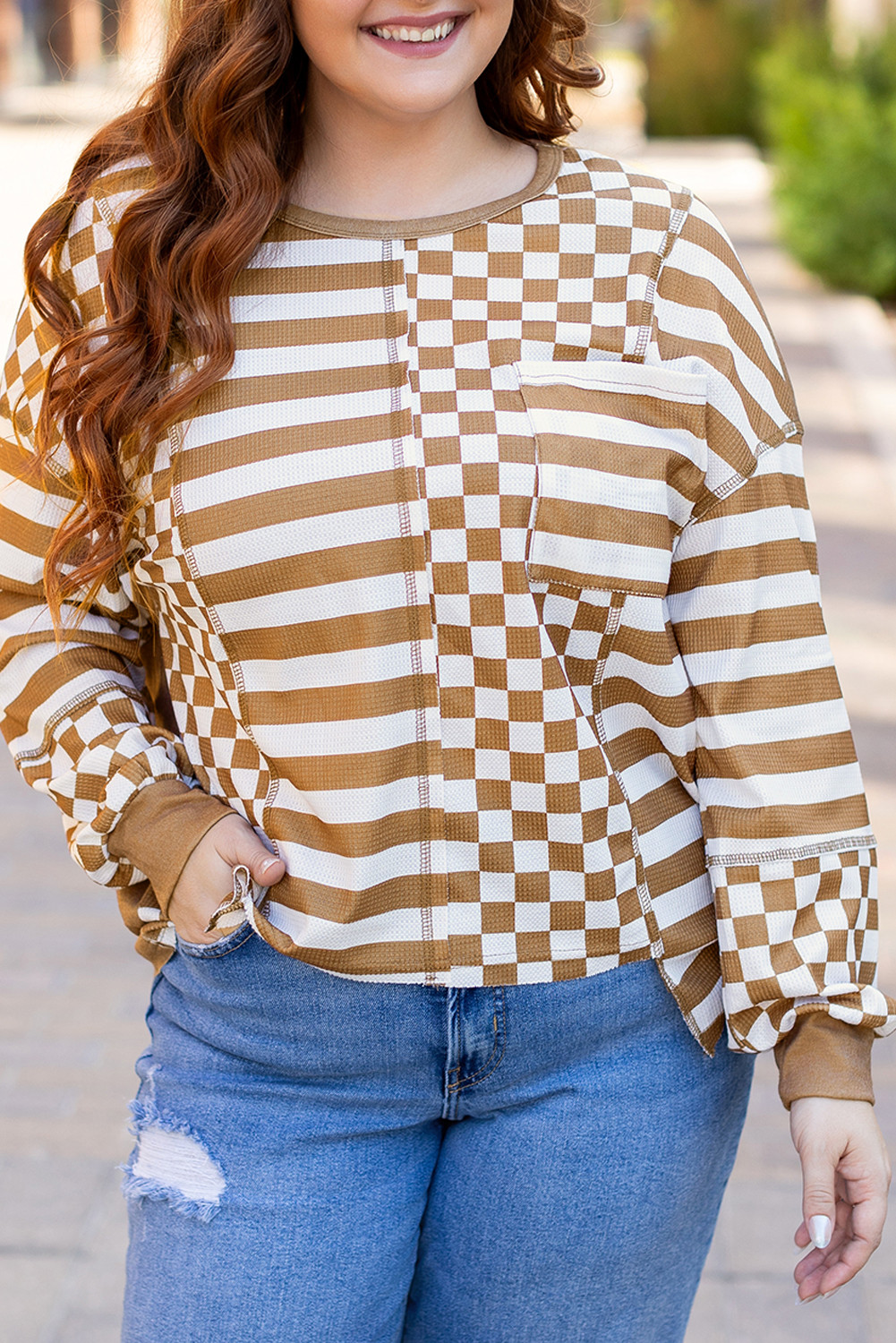 Khaki Striped Checkered Patchwork Ribbed Plus Size Top