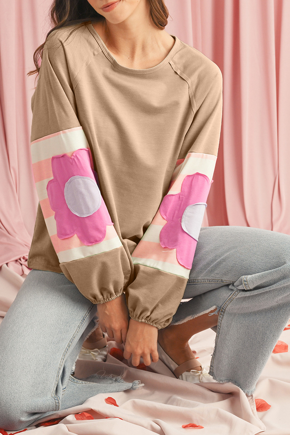 Dune Flower Patchwork Exposed Seam Raglan Sleeve Top