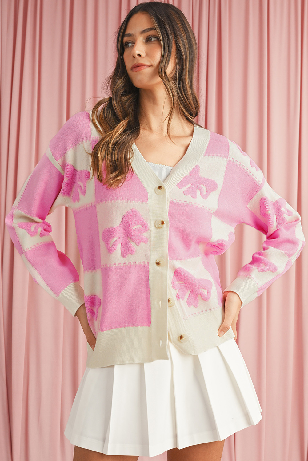 Pink Bowknot and Checkered Drop Shoulder Cardigan