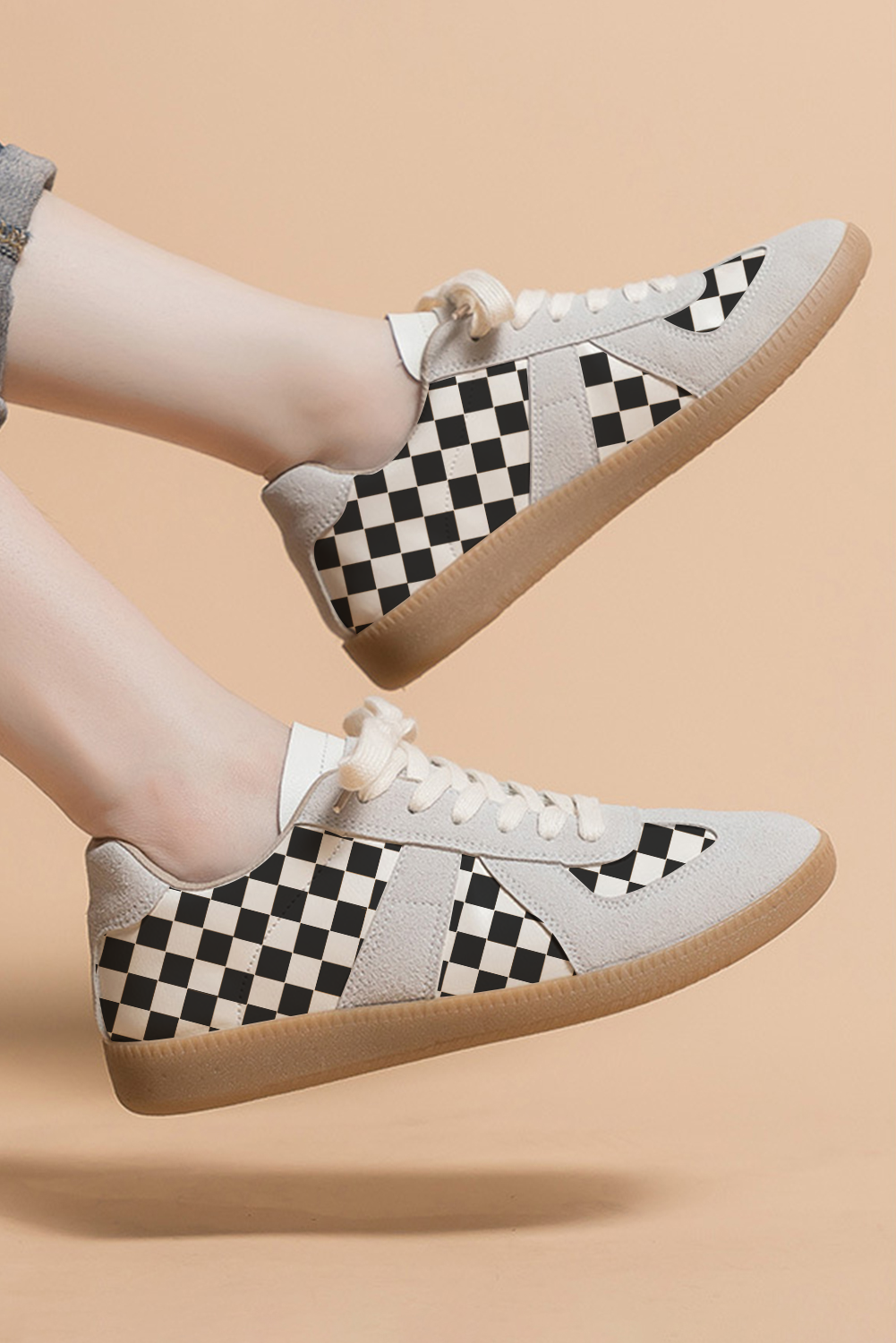 Black Checkerboard Patchwork Lace-up Sneakers