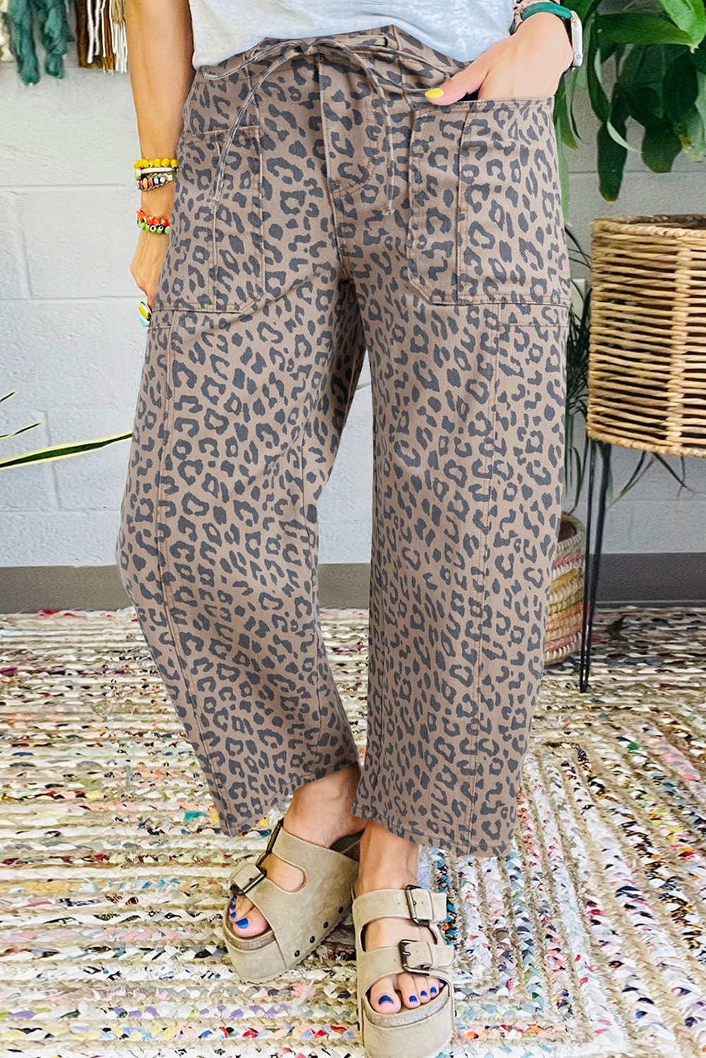 Shewin Dropshipping Khaki Leopard Print Drawstring Waist Pocketed Wide Leg JEANS