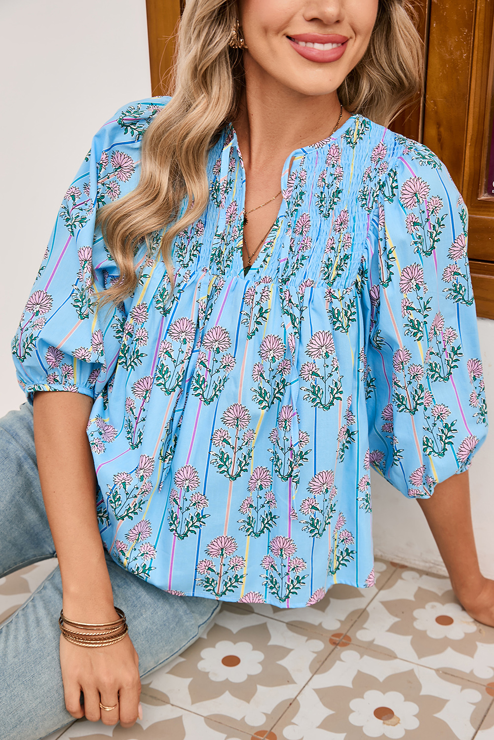 Shewin Wholesale Suppliers SKY Blue Floral Striped Smocked V Neck Blouse