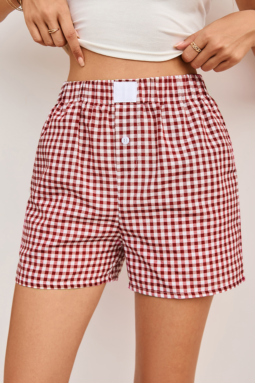 Shewin Dropshippers RED Vintage Plaid Print High Waisted Loose Wide Leg Shorts