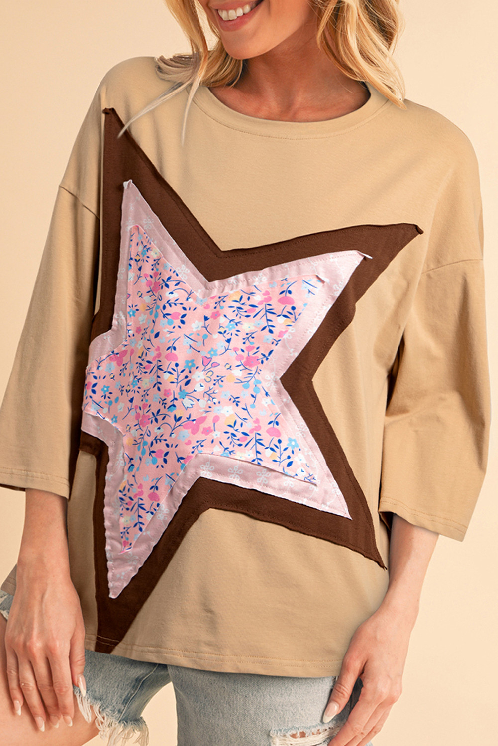 Camel Floral Star Patched 3/4 Sleeve T Shirt