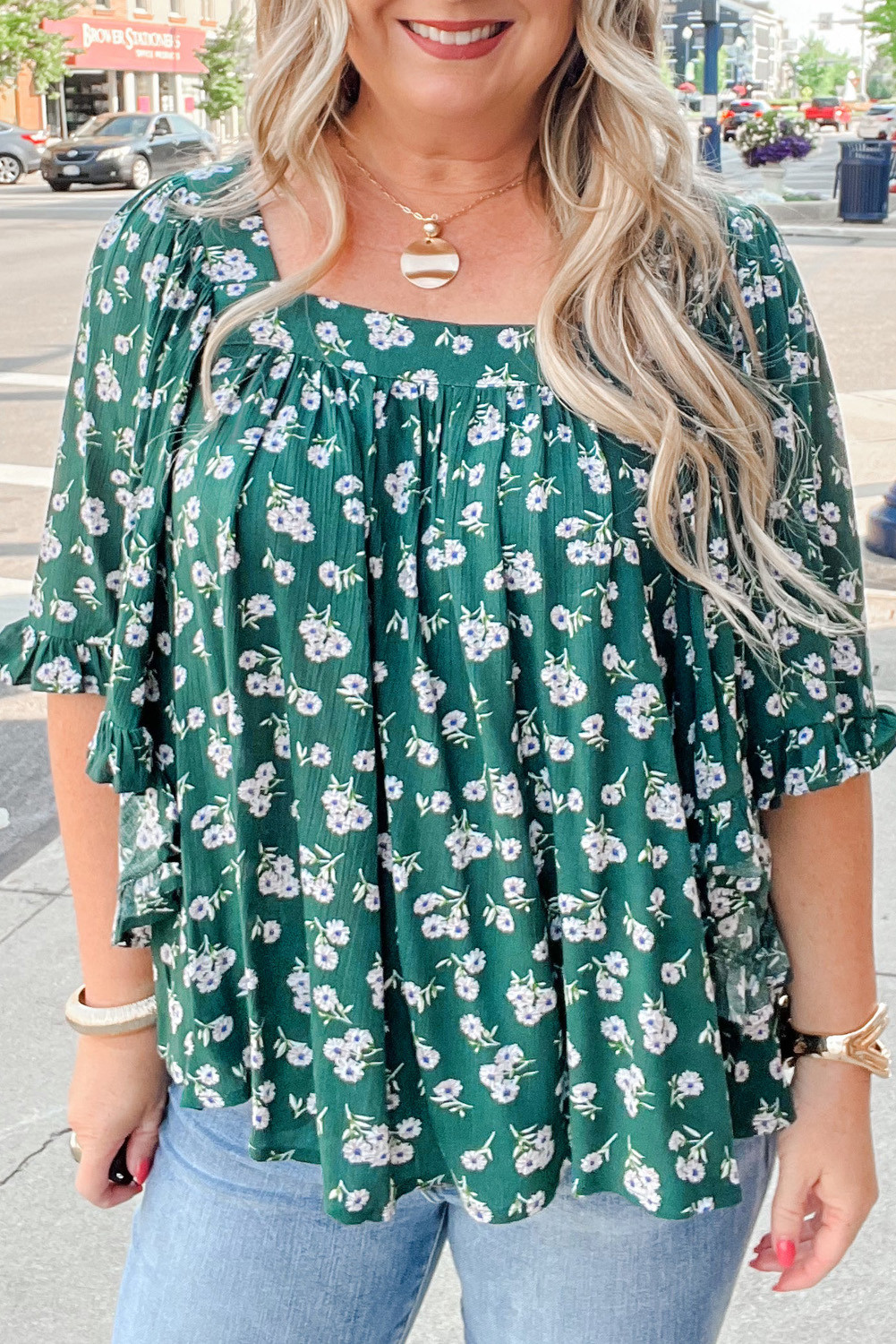 Green Floral Print Square Neck Ruffle Trim Plus Size Blouse
