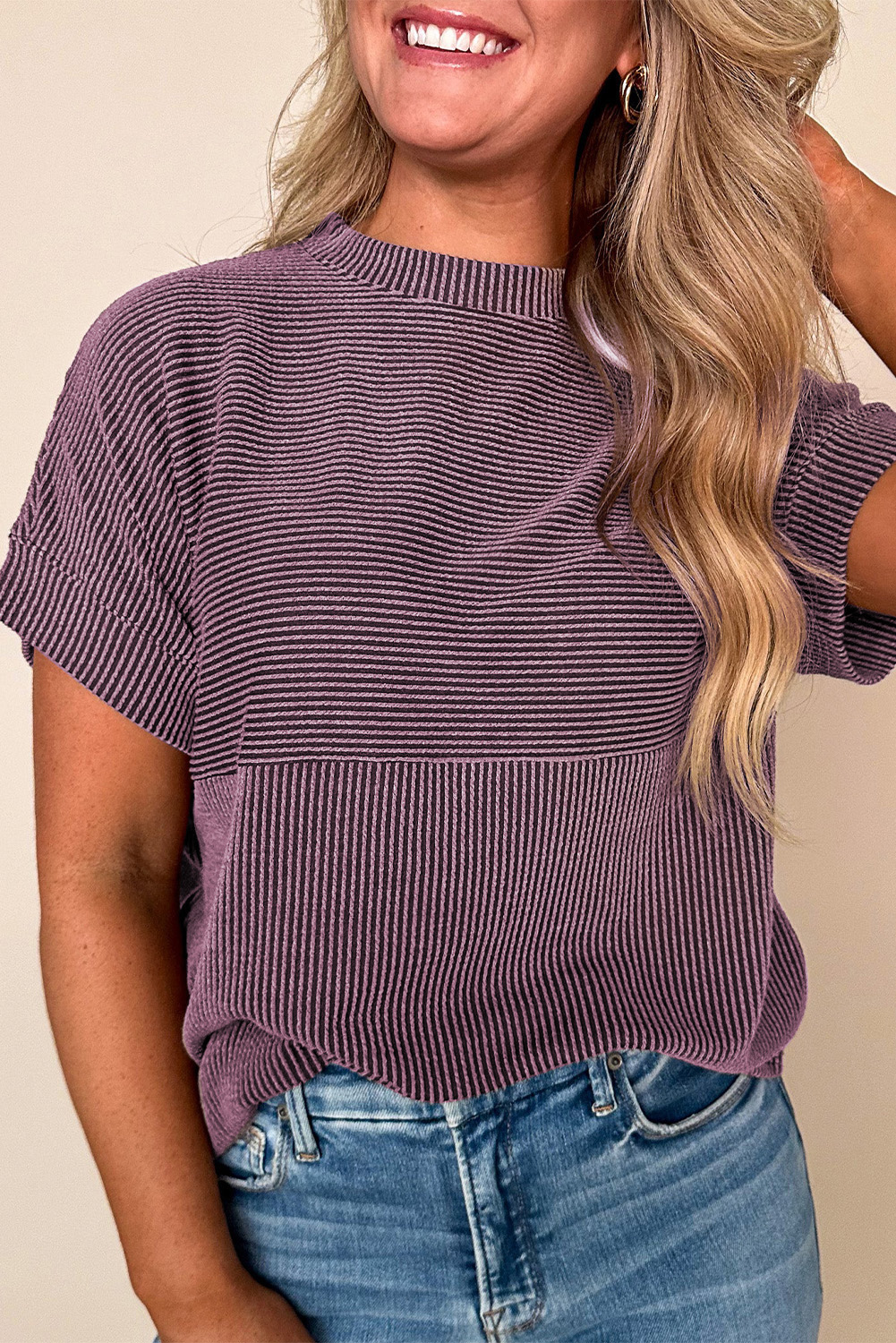 Shewin Wholesale Clothes Toadstool Plain Corded Mock Neck T SHIRT