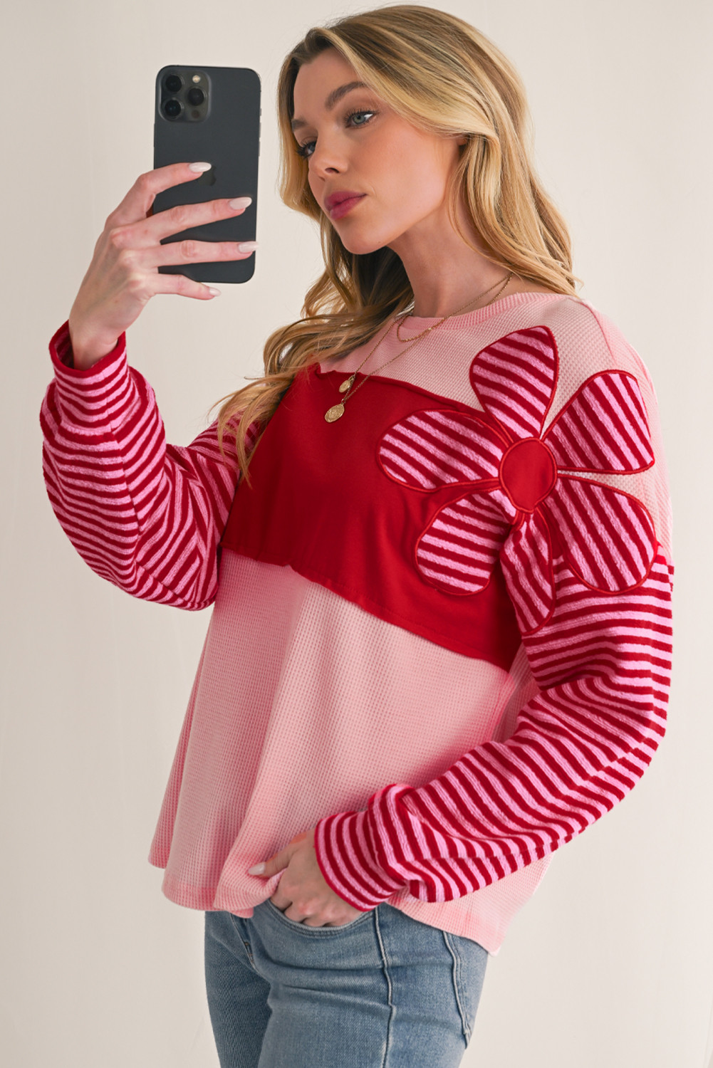 Pink Floral Colorblock Striped Sleeve Waffle Patchwork Top