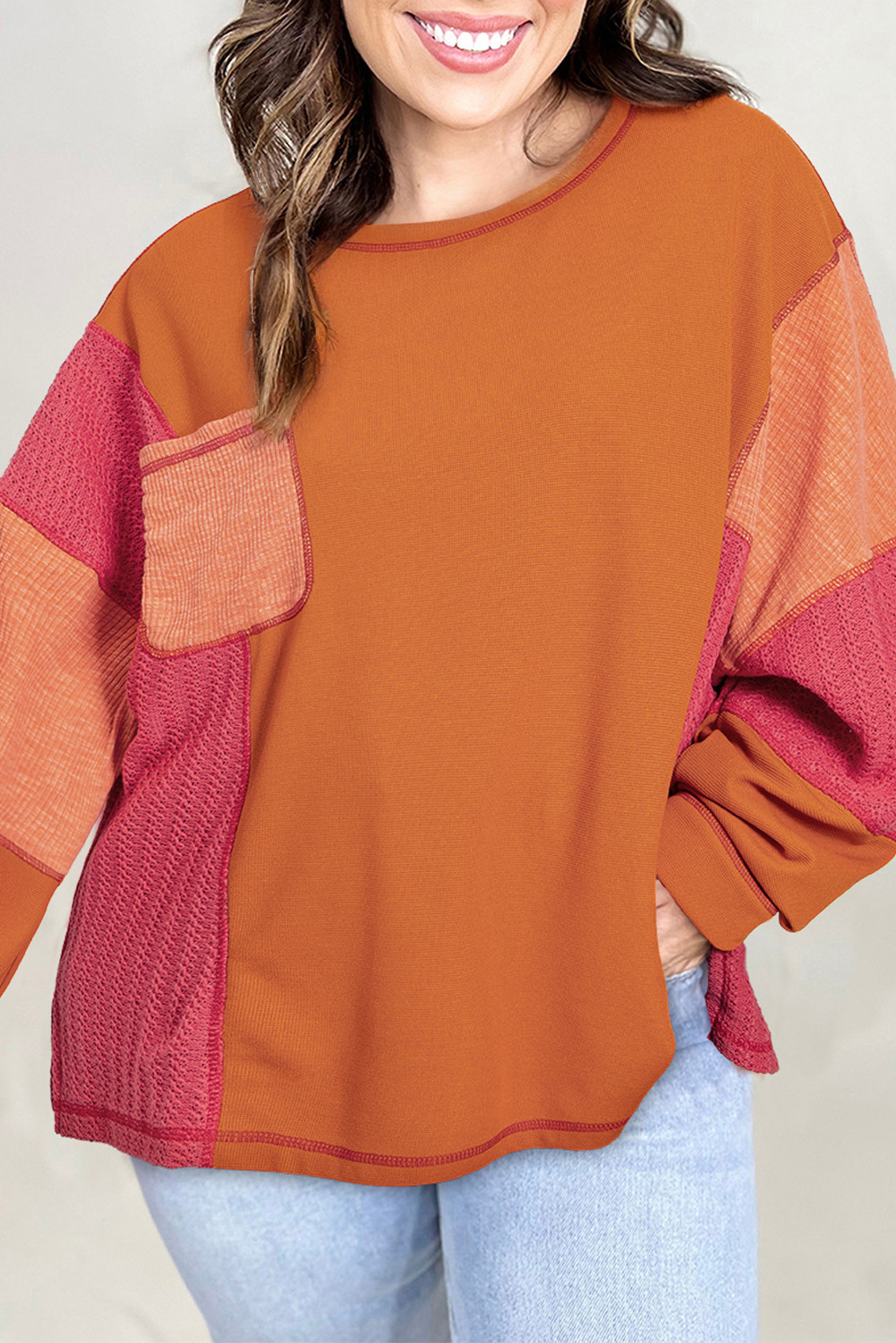 Orange Waffle Patchwork Chest Pocket Plus Size Top
