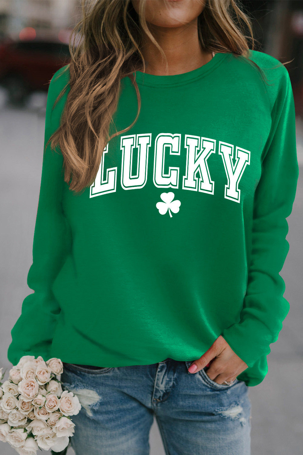Green St Patricks LUCKY Clover Graphic Raglan Sleeve Sweatshirt
