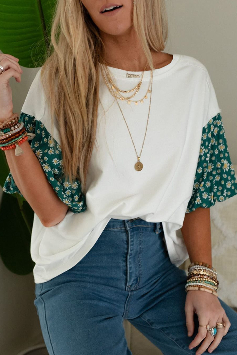 White Daisy Floral Patchwork Drop Sleeve Oversized Top