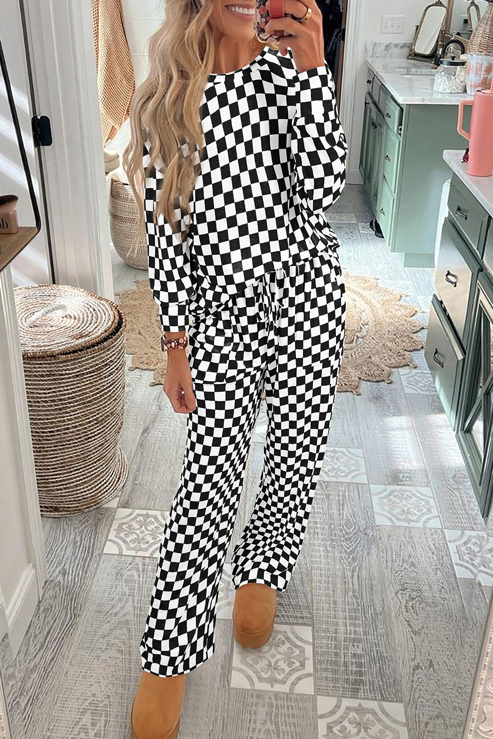 Black Checkered Print Long Sleeve Loose Fit Pajama Set