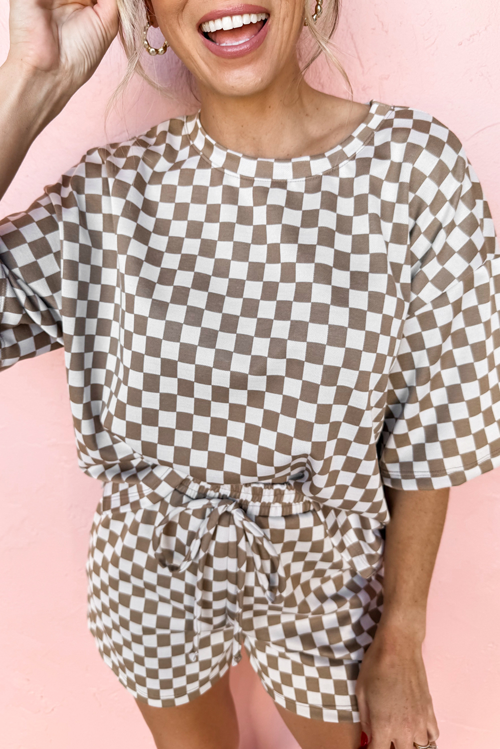 Shewin Wholesale Vendors Brown Checkered Top and Drawstring Shorts PAJAMA Set
