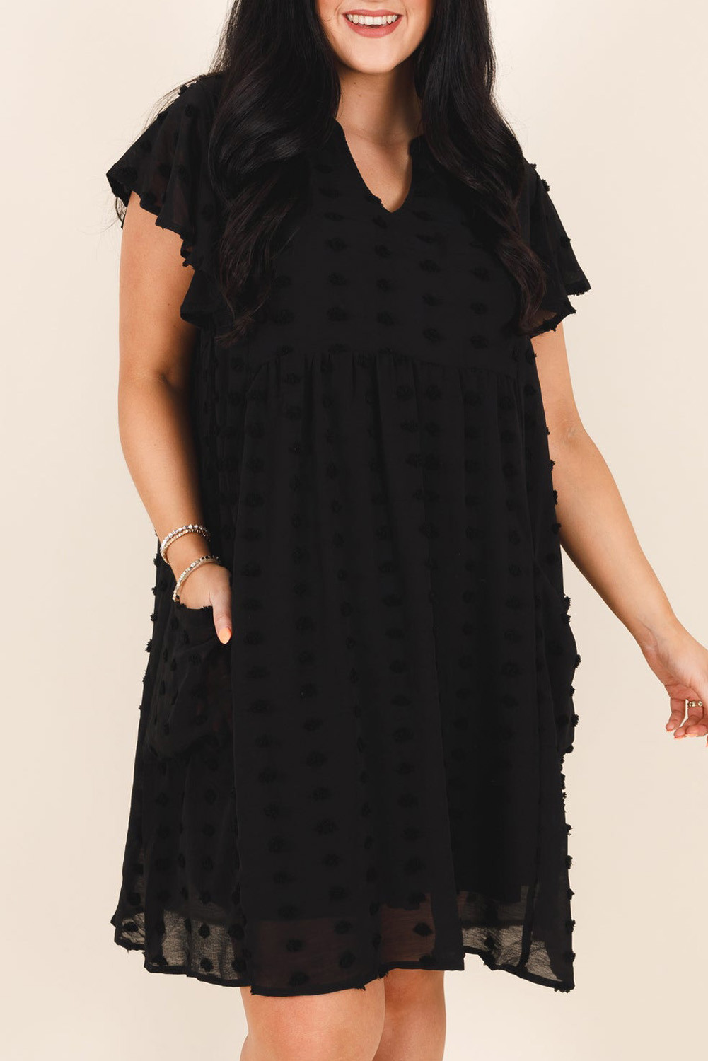 Black Swiss Dot Notched Neck Ruffle Plus Size Dress