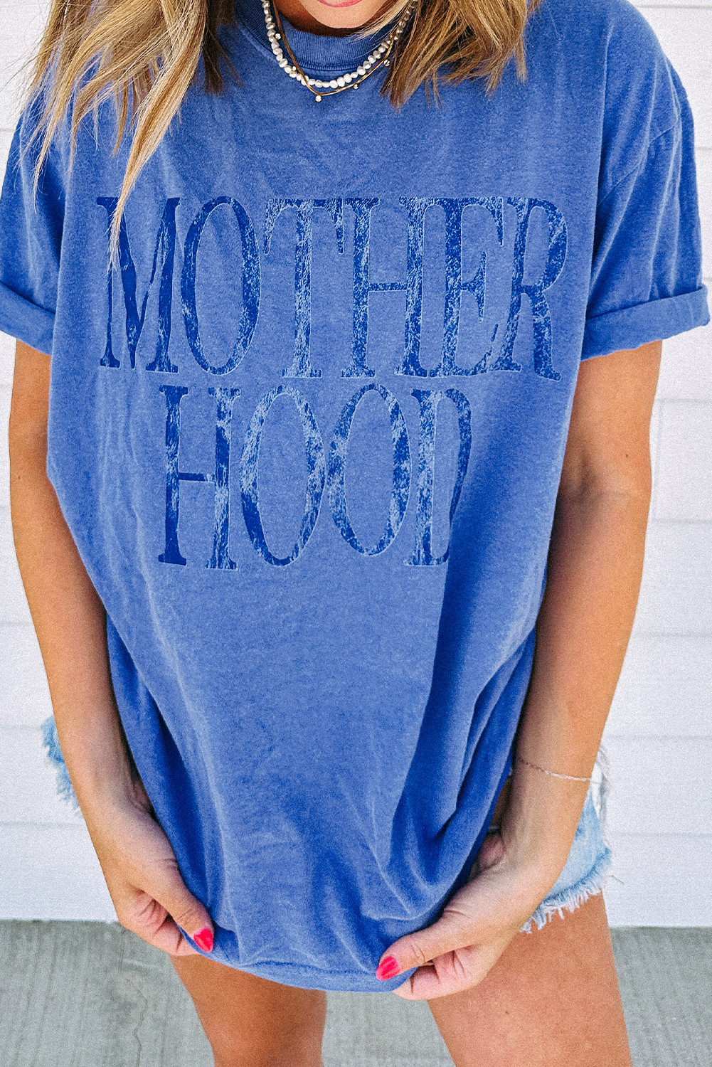 Sky Blue Vintage MOTHERHOOD Letter Graphic T Shirt