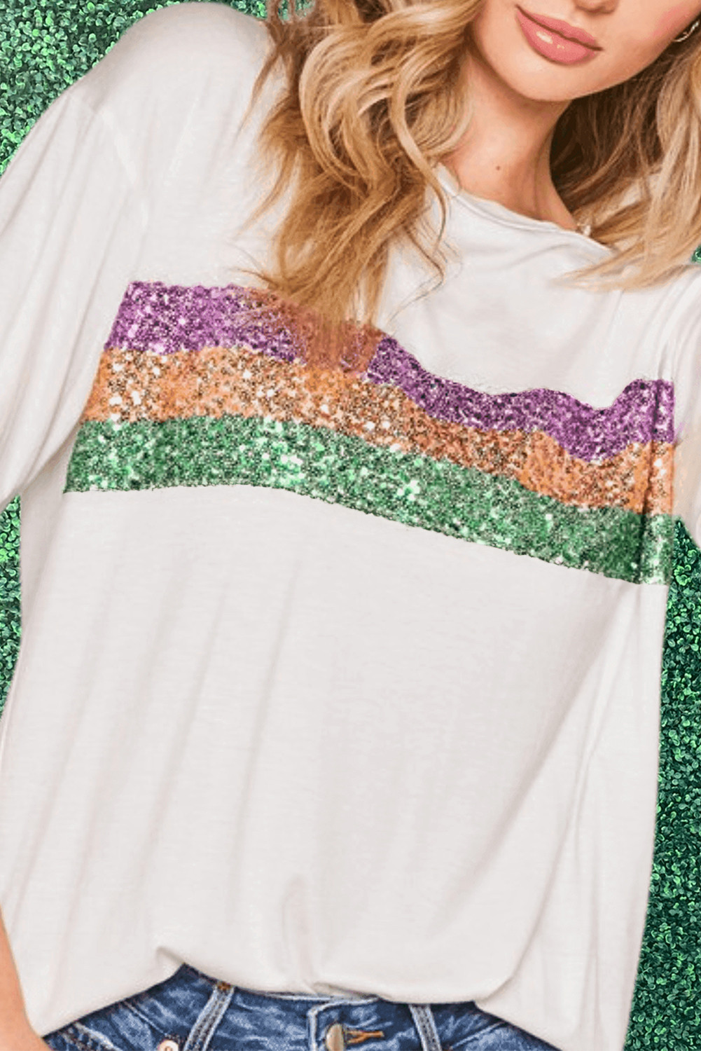 White Colorblock Sequin Mardi Gras Crewneck T Shirt