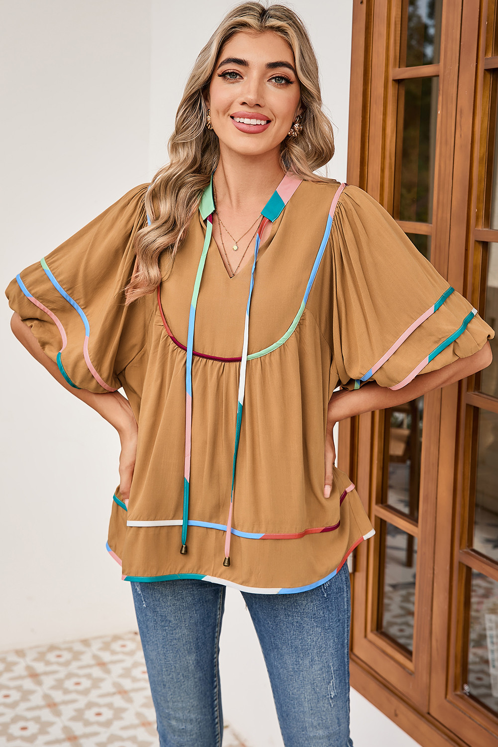 Thai Curry Tie V Neck Patchwork Edging Flounce Sleeve Blouse