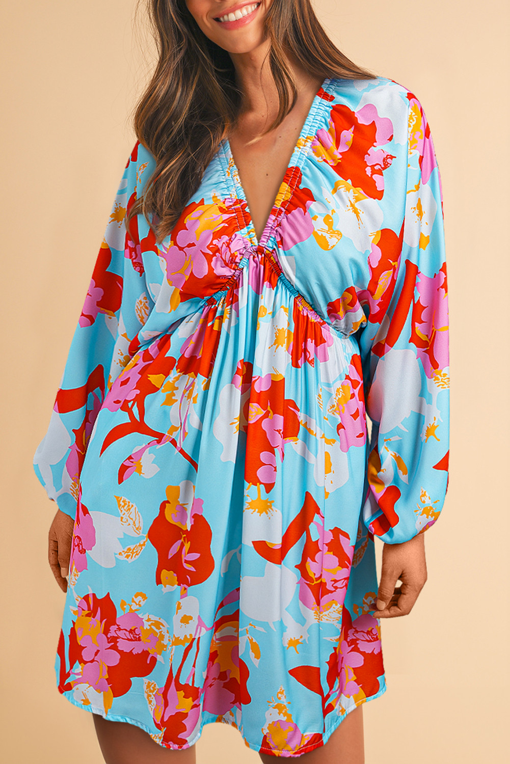 Sky Blue Floral Bracelet Sleeve Empire Waist Mini Dress