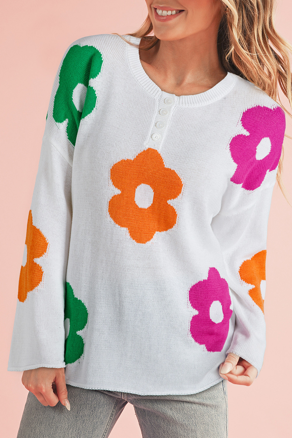 White 60s Flower Print Drop Sleeve Henley Sweater