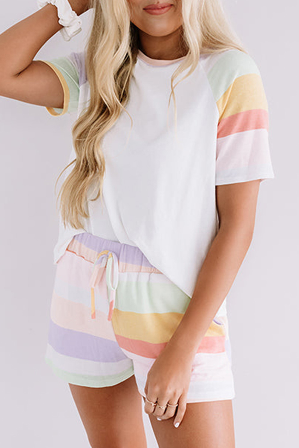 Shewin Wholesale Trendy White RAINBOW Striped T Shirt and Shorts Set