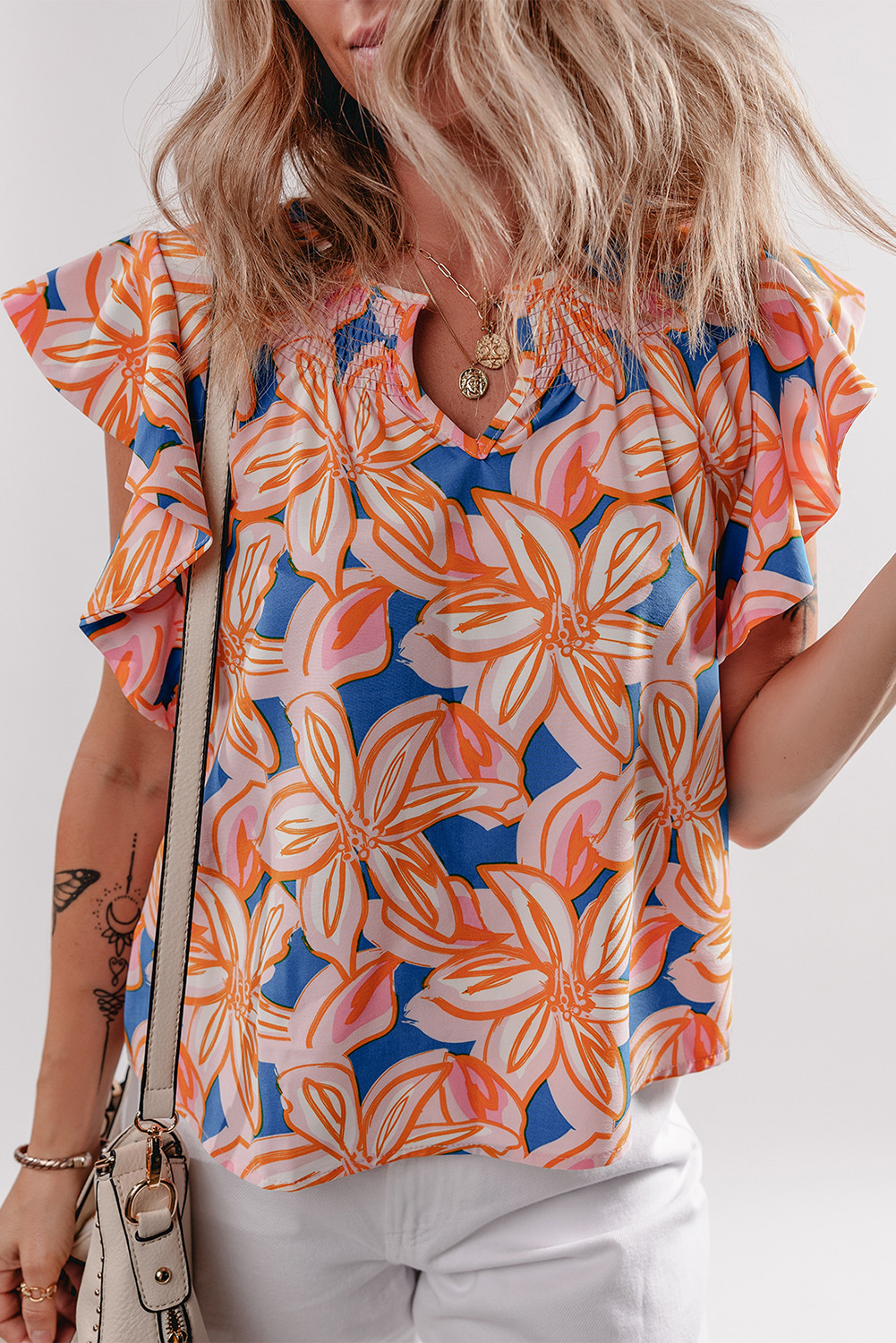 Orange Summer Flower Print Smocked Notched Neck Ruffle Blouse