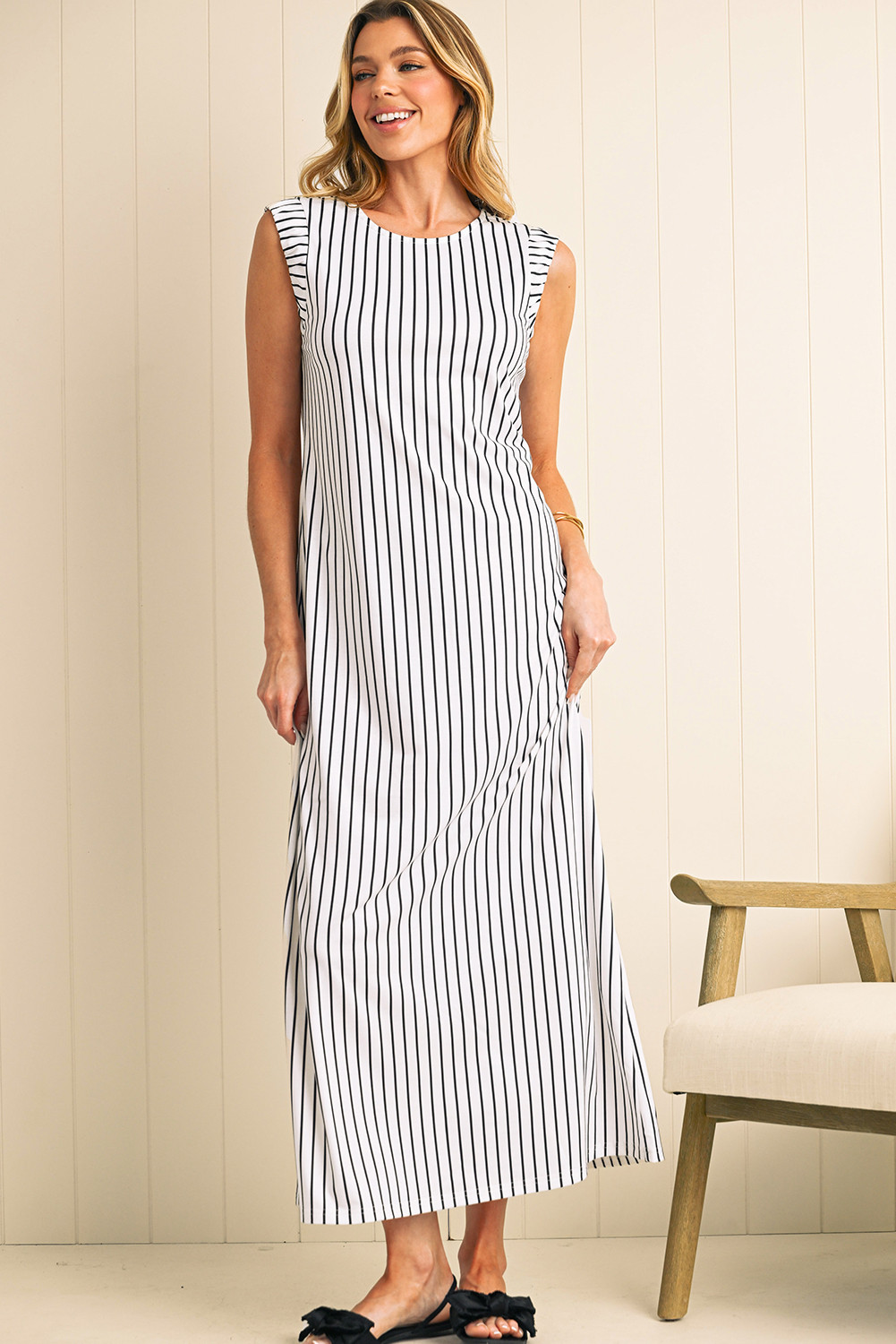 Black White Striped Round Neck Maxi Vest Dress