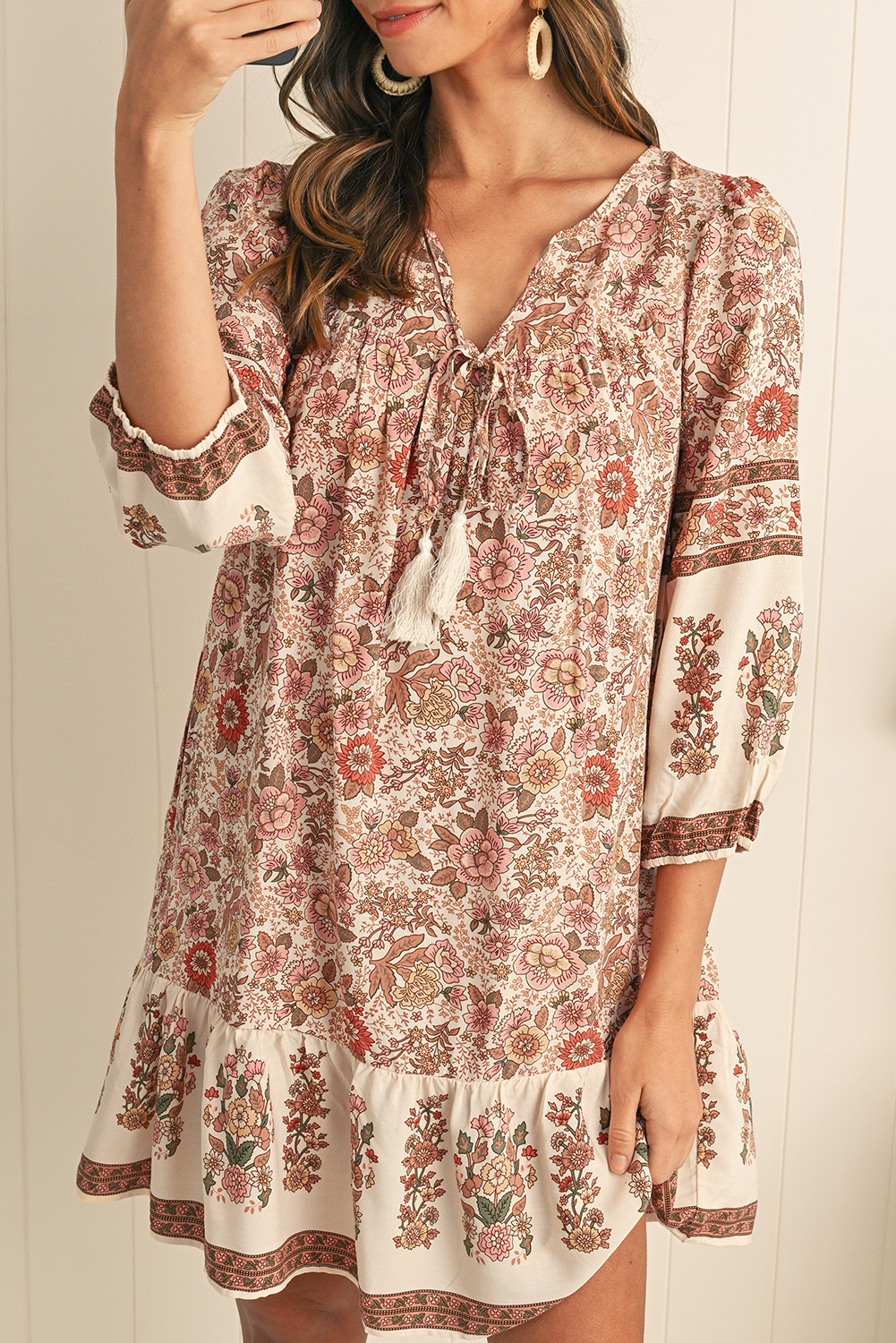 Apricot Floral Print Tassel Drawstring V Neck Loose Mini Dress