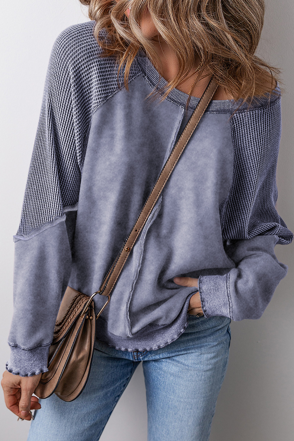 Sail Blue Waffle Knit Patchwork Raglan Sleeve Sweatshirt