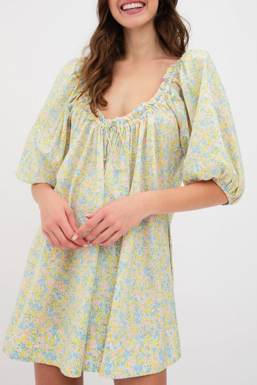 Green Floral Print Tie Neck Puff Sleeve Mini Dress