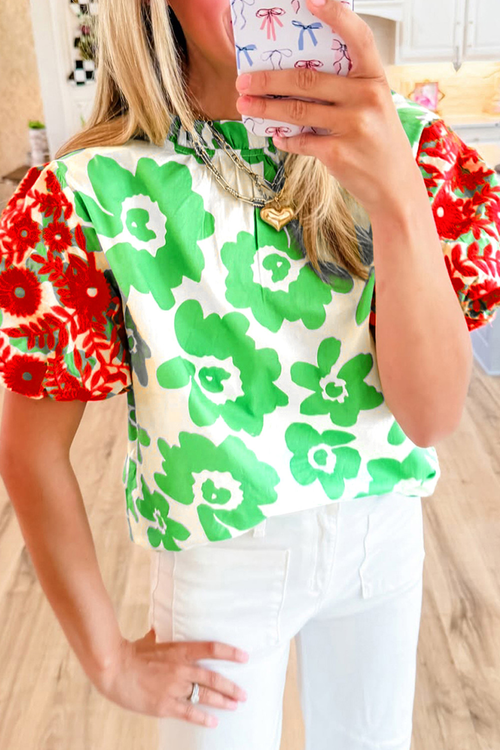 Green Embroidered Puff Sleeve 60s Flower Blouse
