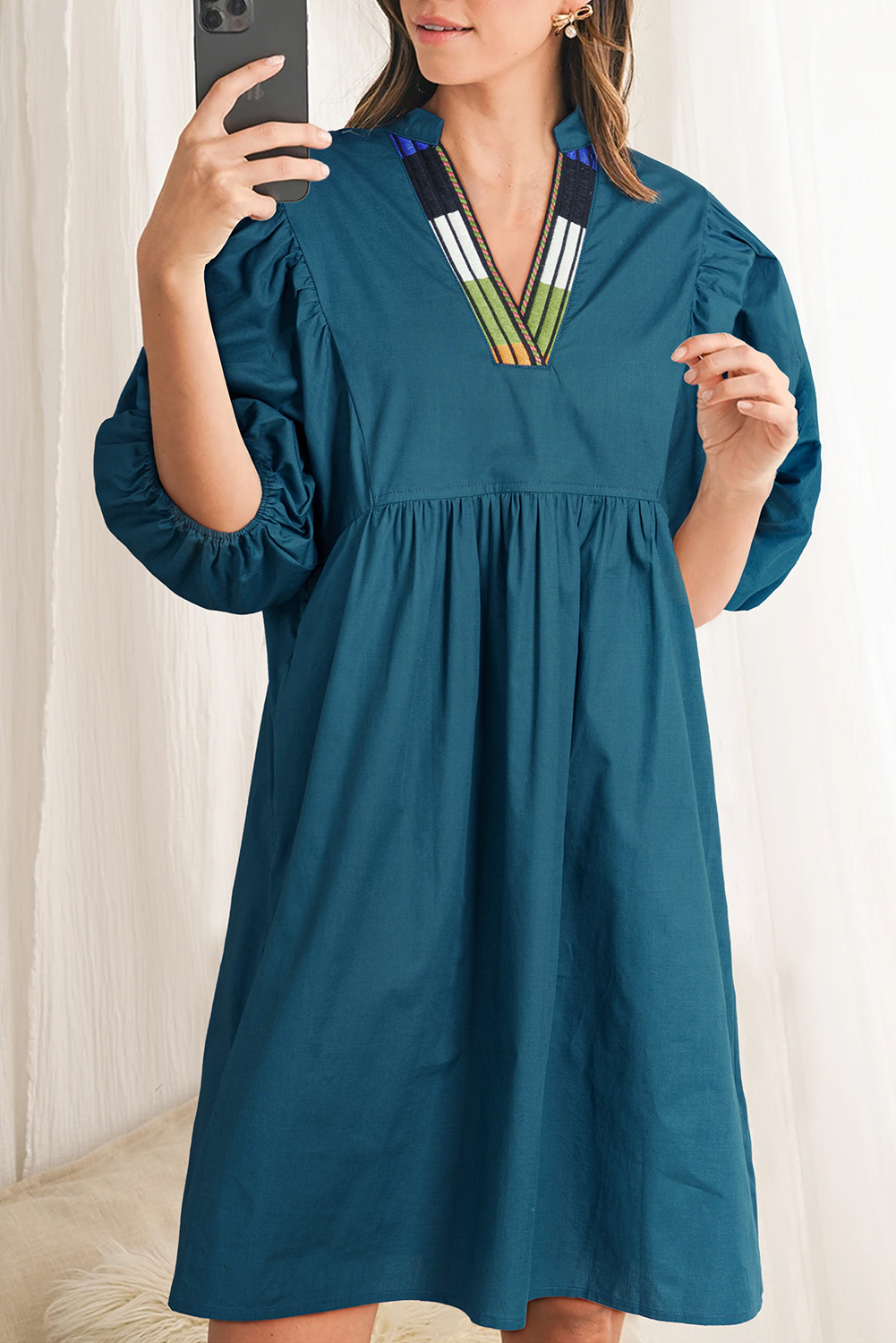 Blue Sapphire Patchwork V Neck Puff Sleeve Pleated Mini Dress