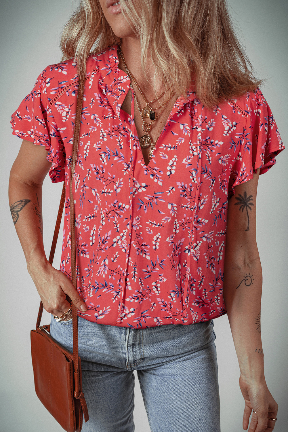 Red Floral Tie Split Neck Flounce Sleeve Blouse