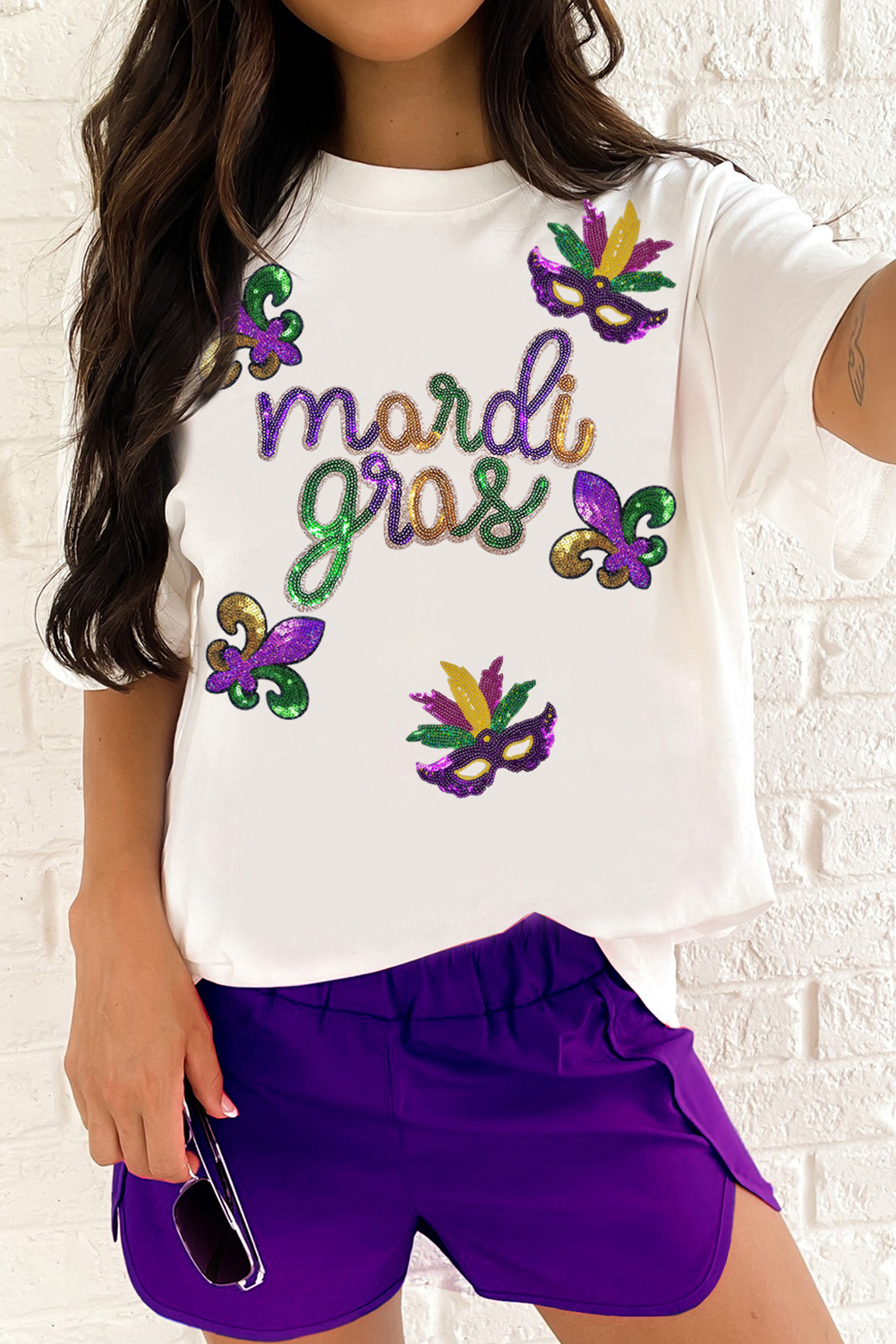 White Sequin Mardi Gras Pattern Graphic Crewneck Tee