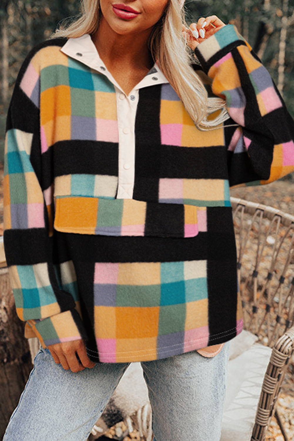Black Checkered Pocketed Half Button Collared Sweatshirt