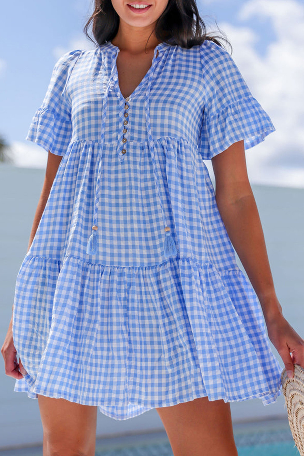 Sky Blue Plaid Tassel Tie V Neck Tiered Mini Dress