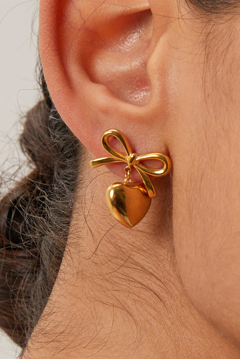 Gold Plated Minimalist Heart and Bow Studded Earrings