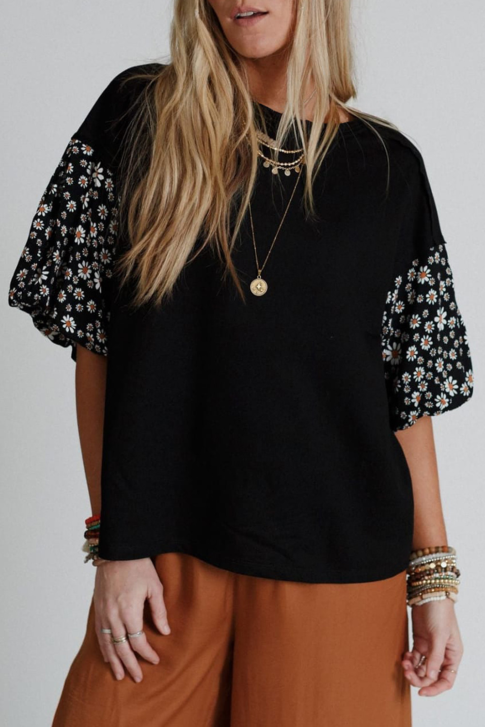 Black Daisy Floral Patchwork Drop Sleeve Oversized Top