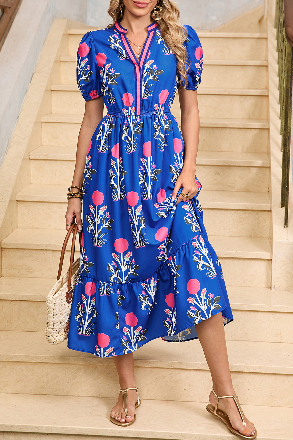 Shewin Wholesale Customized Sky Blue Floral Ruffle Hem Pop of Color Neckline DRESS