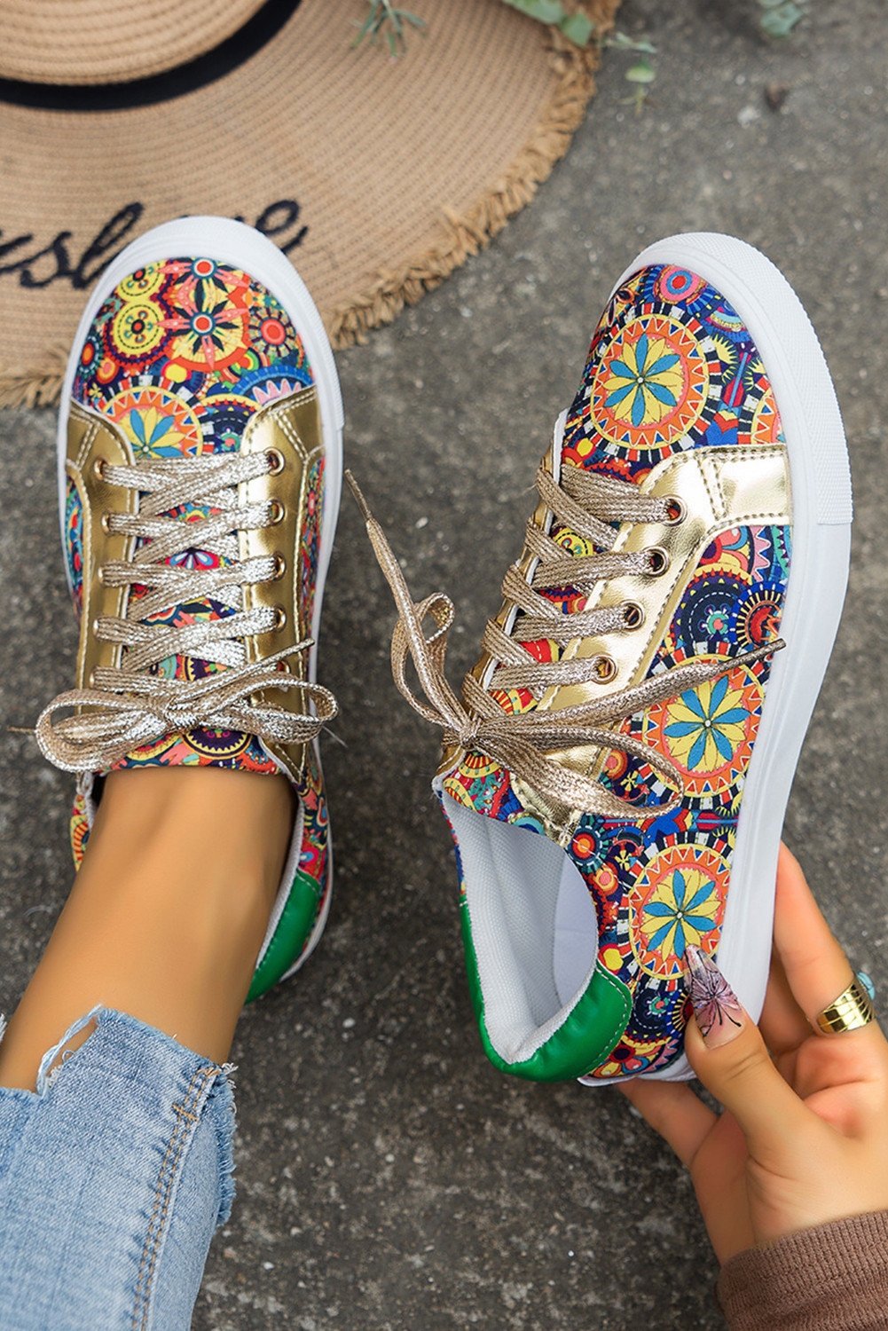 Gold Boho Ethnic Print Lace Up Sneakers