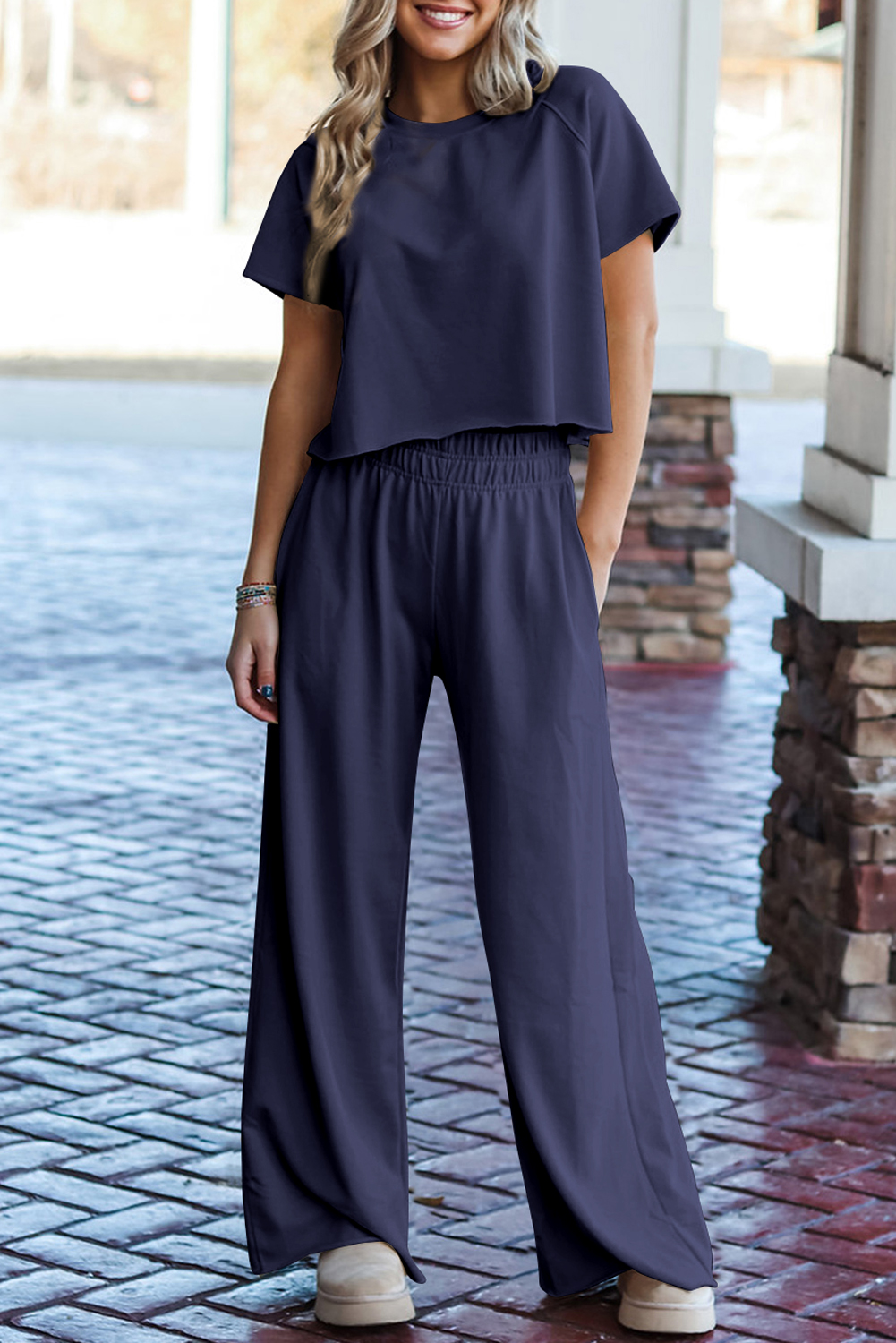Shewin Wholesale Summer Navy Blue Raw Hem Loose Tee and Wide Leg PANTS Set