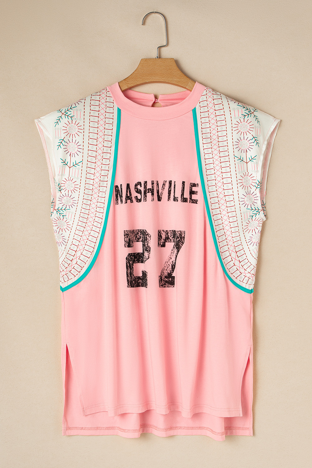 Light Pink Vintage Nashville Print Patchwork Sleeveless Top