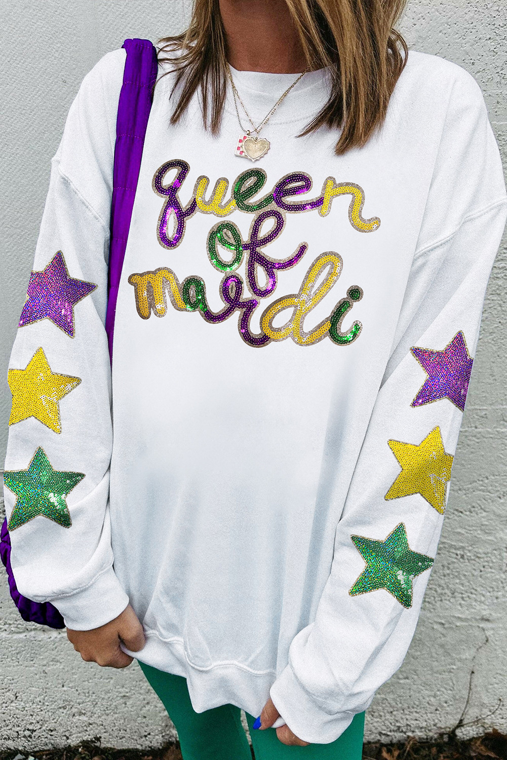 White Sequin queen of mardi Star Graphic Pullover Sweatshirt