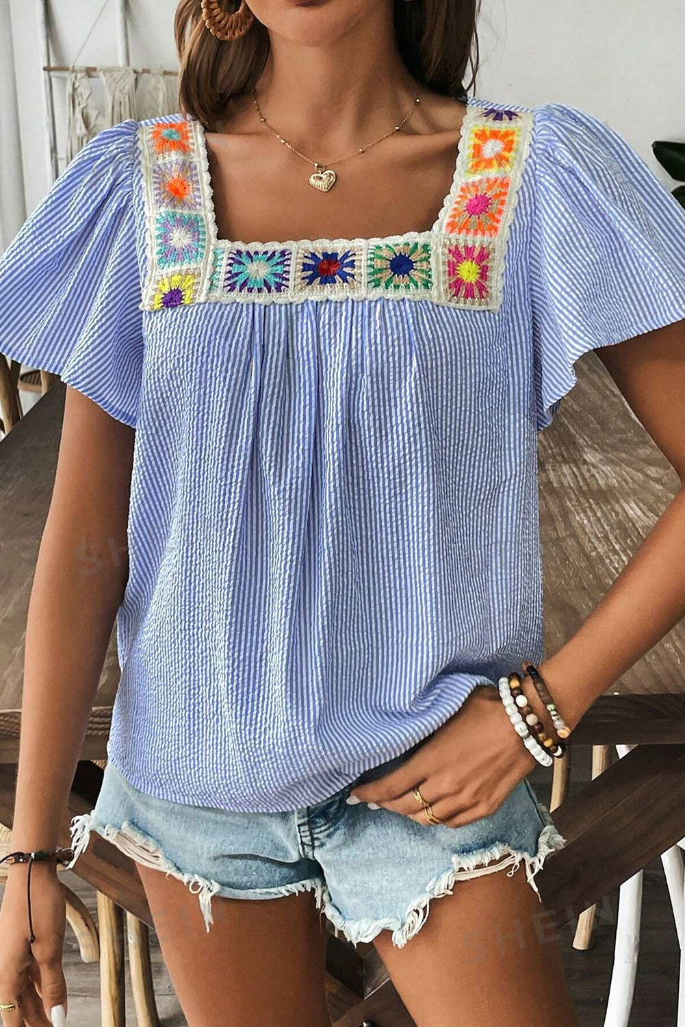 Shewin Wholesale Southern SKY Blue Striped Crochet Applique Boho Blouse