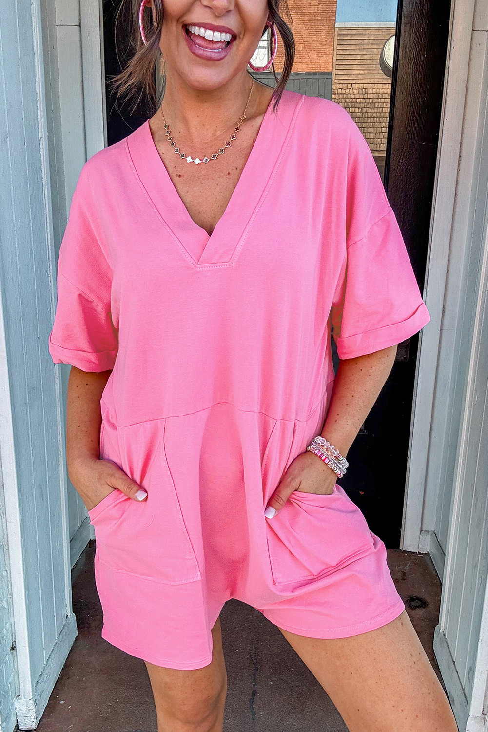 Bonbon Loose Half Sleeve V Neck Plain Romper