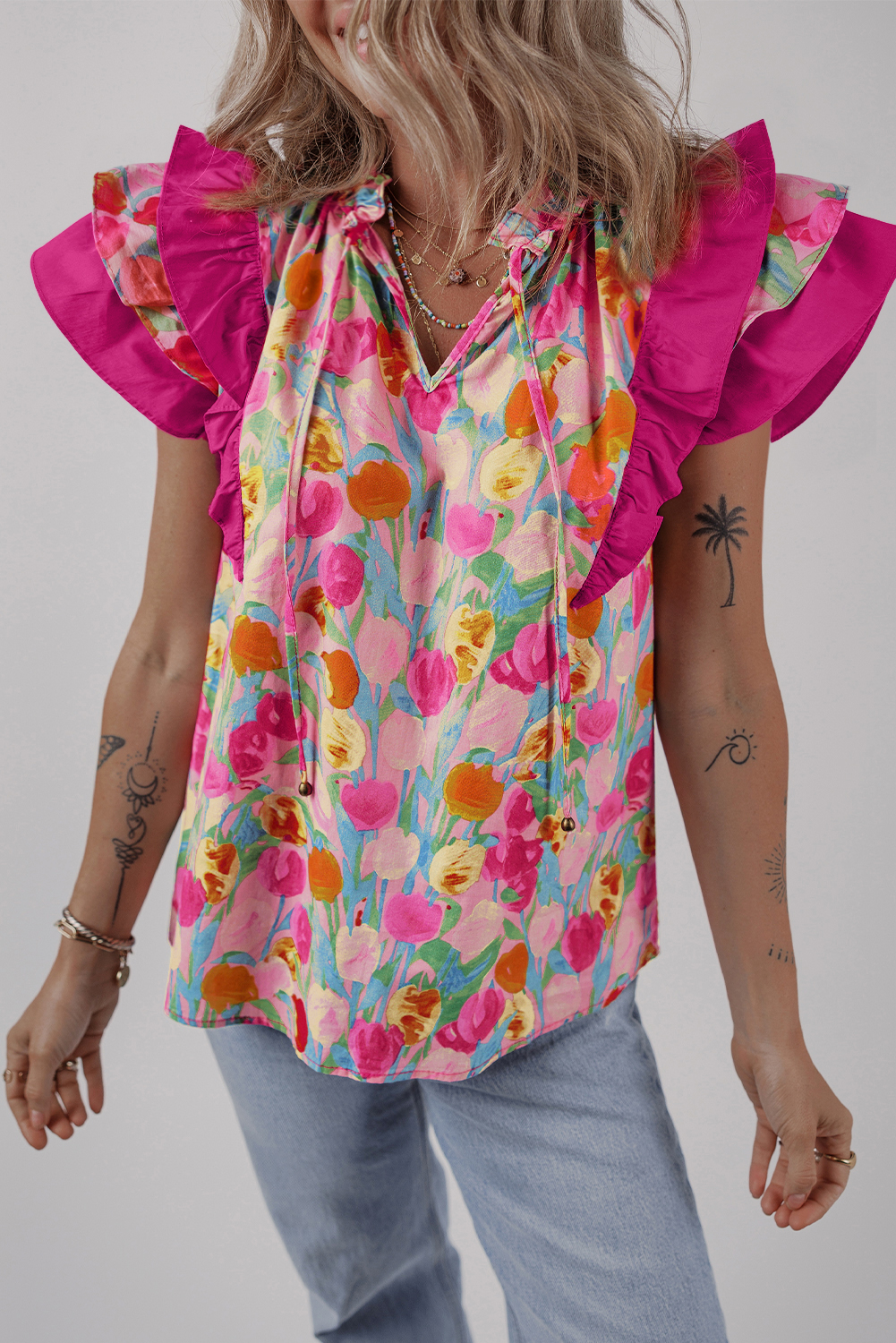 Shewin Wholesale Fashion Pink Floral Ruffle Flutter Sleeve TIE V Neck Blouse