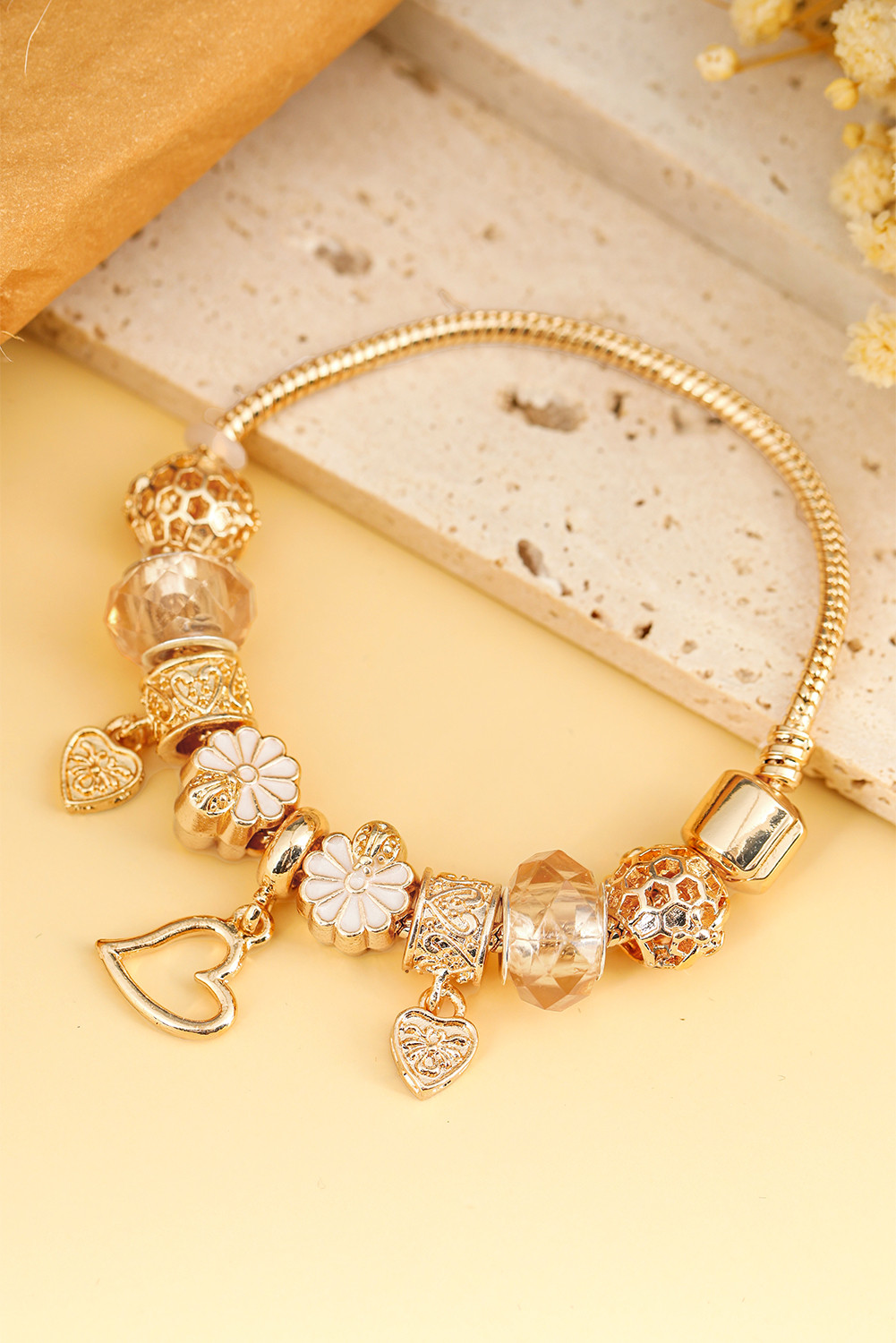 Gold Flower Heart Charm Plated Alloy Bracelet
