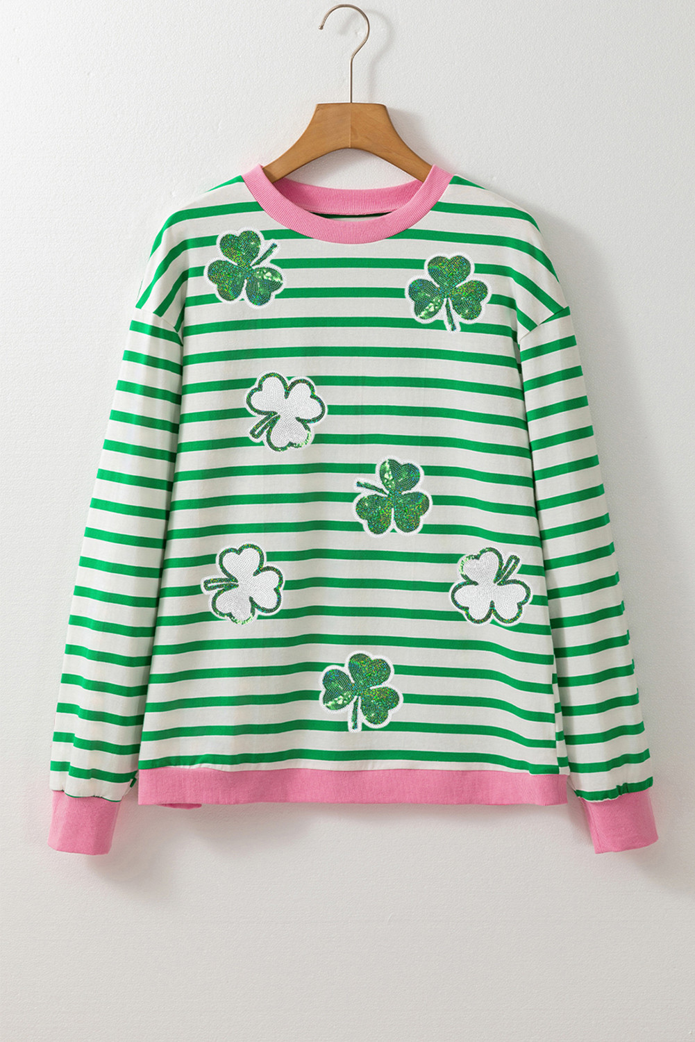 Bright Green St Patrick Striped Sequin Clover Graphic Long Sleeve Top