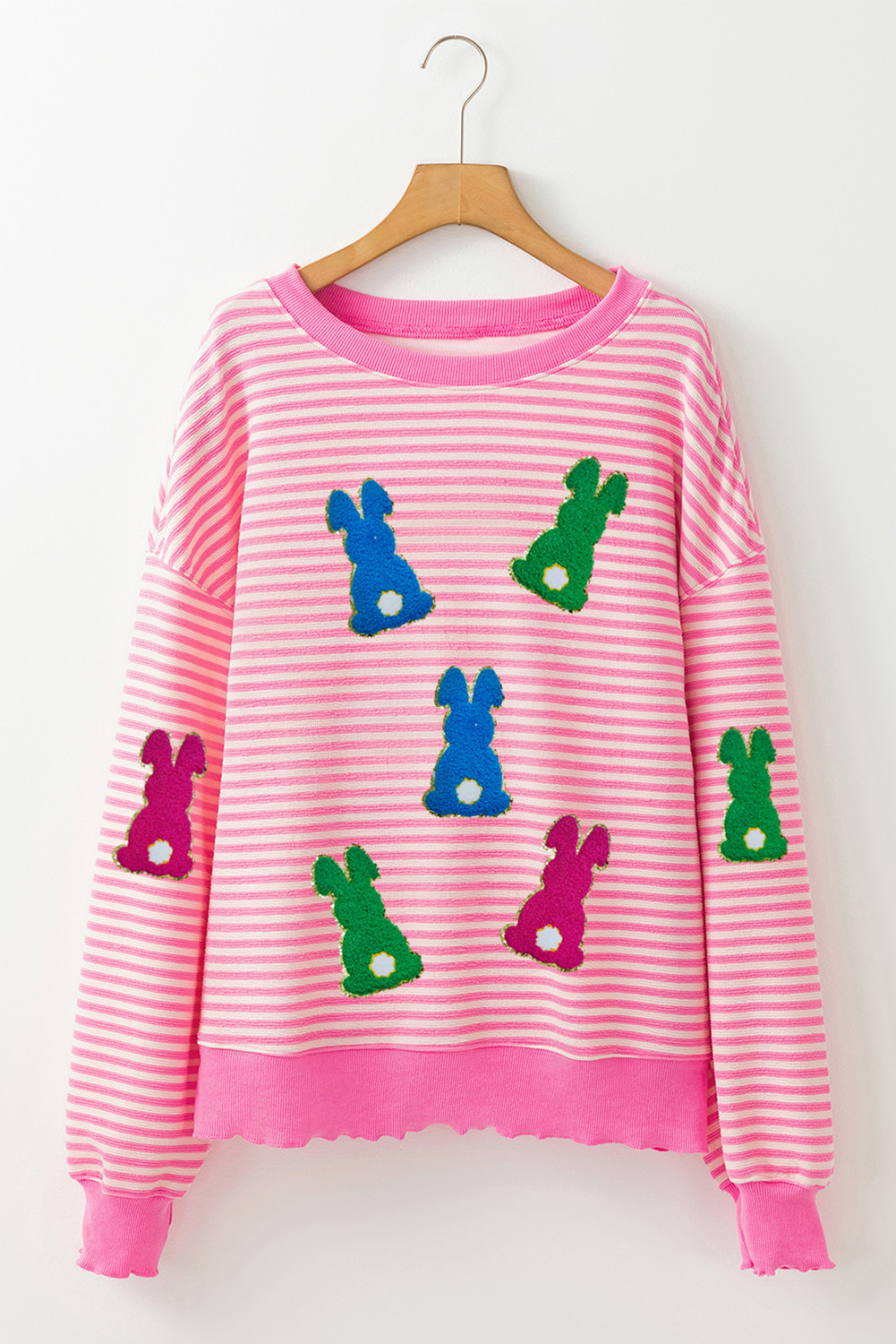 Pink Stripe Chenille Easter Rabbit Patched Pattern Drop Shoulder Sweatshirt