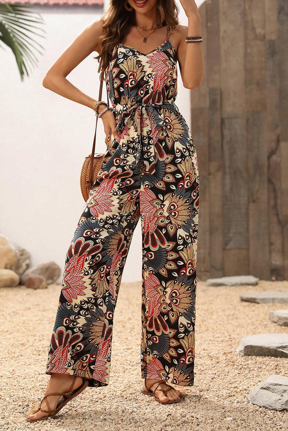 Black Boho Belted Sleeveless Wide Leg Jumpsuit