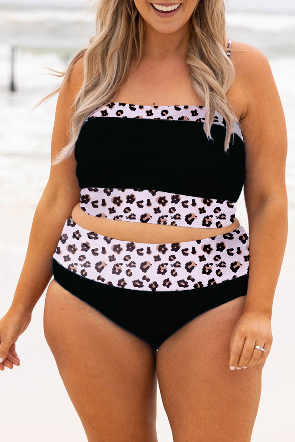 Black Leopard Patchwork Plus Size High Waist Bikini Set