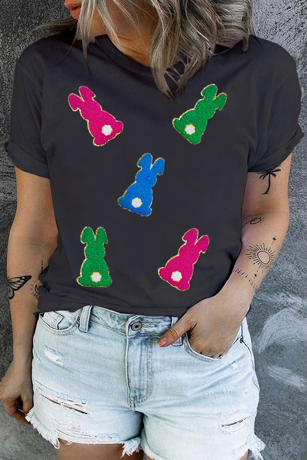 Black Chenille Easter Bunny Crewneck Tee